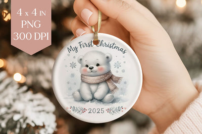 Polar Bear My First Christmas 2025 Ornament PNG Sublimation BijouBay 