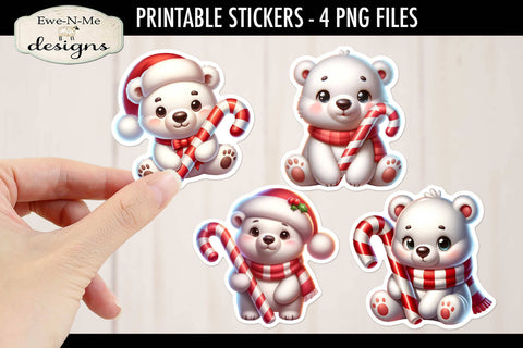 Polar Bears with Candy Canes Printable Stickers | 4 PNG Stickers Sublimation Ewe-N-Me Designs 