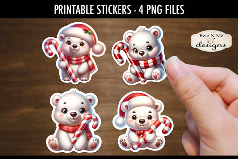 Polar Bears with Candy Canes Printable Stickers | 4 PNG Stickers Sublimation Ewe-N-Me Designs 