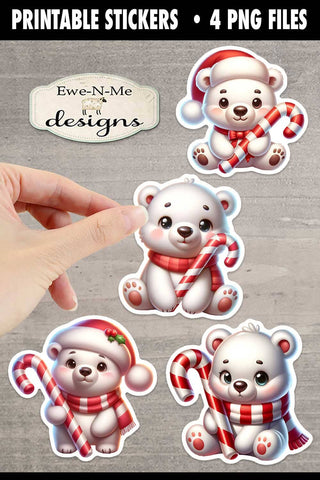 Polar Bears with Candy Canes Printable Stickers | 4 PNG Stickers Sublimation Ewe-N-Me Designs 