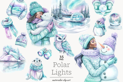 Polar Lights Clipart | Winter Animals PNG Bundle SVG GlamArtZhanna 