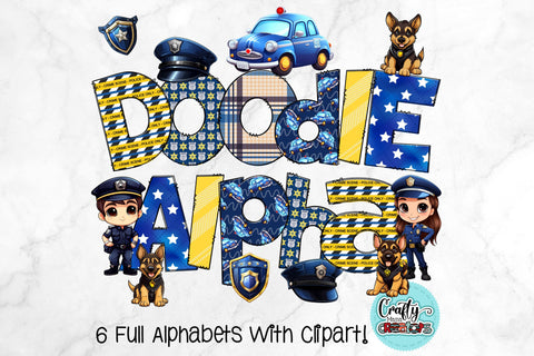 Police Doodle Alphabet, Police Officer Doodle Alpha Set PNG SVG Crafty Mama Studios 