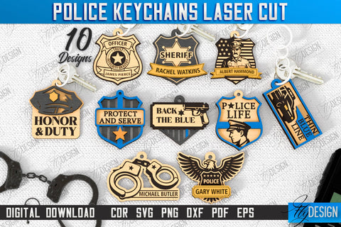 Police Keychain Laser Cut Bundle | Police Signs | Keyring SVG Design | Police Officer | Thin Blue Line | Policeman Symbols | CNC Files SVG Fly Design 