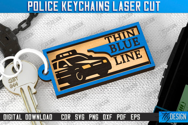 Police Keychain Laser Cut | Police Sign | Keyring SVG Design | Police Officer | Thin Blue Line | Policeman Symbols | CNC File SVG Fly Design 