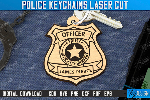 Police Keychain Laser Cut | Police Sign | Keyring SVG Design | Police Officer | Thin Blue Line | Policeman Symbols | CNC File SVG Fly Design 