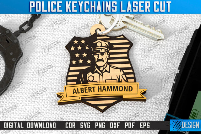 Police Keychain Laser Cut | Police Sign | Keyring SVG Design | Police Officer | Thin Blue Line | Policeman Symbols | CNC File SVG Fly Design 