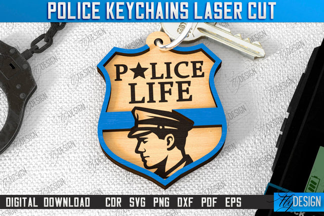 Police Keychain Laser Cut | Police Sign | Keyring SVG Design | Police Officer | Thin Blue Line | Policeman Symbols | CNC File SVG Fly Design 