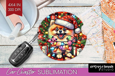 Pomeranian Funny Christmas Dog Car Coaster Sublimation OrangeBrushStudio 