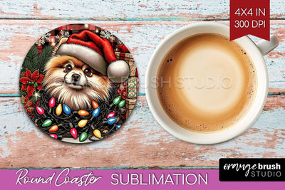 Pomeranian Funny Christmas Dog Round Coaster Sublimation OrangeBrushStudio 