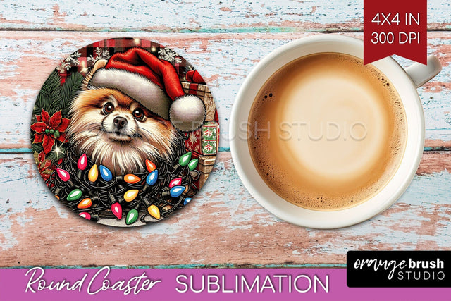 Pomeranian Funny Christmas Dog Round Coaster Sublimation OrangeBrushStudio 
