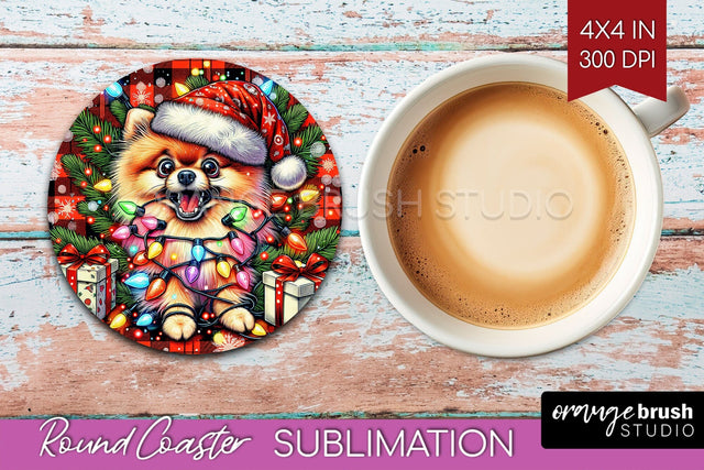 Pomeranian Funny Christmas Dog Round Coaster Sublimation OrangeBrushStudio 