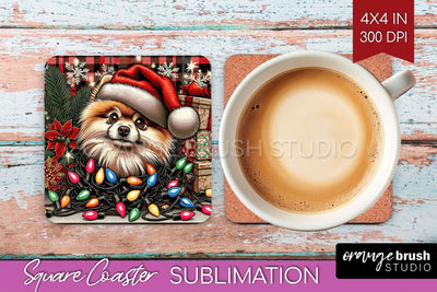 Pomeranian Funny Christmas Dog Square Coaster Sublimation OrangeBrushStudio 