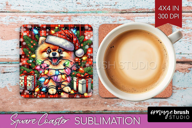 Pomeranian Funny Christmas Dog Square Coaster Sublimation OrangeBrushStudio 