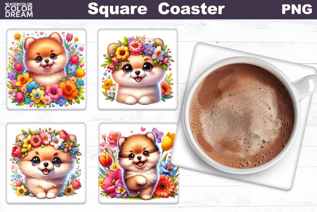 Pomeranian Square Coaster | Dog Flowers Square Coaster Sublimation WatercolorColorDream 