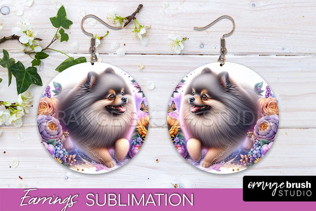 Pomeraniann Earrings - Dog Mom Floral Round Earring Sublimation Sublimation OrangeBrushStudio 