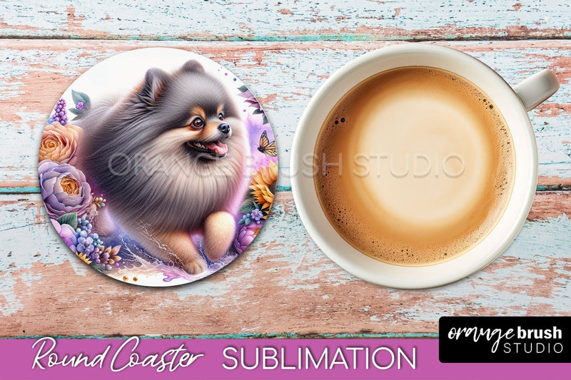 Pomeraniann Round Coaster - Dog Mom Floral Coaster Sublimation Sublimation OrangeBrushStudio 