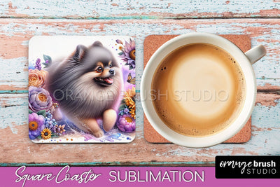 Pomeraniann Square Coaster - Dog Mom Floral Coaster Sublimation Sublimation OrangeBrushStudio 