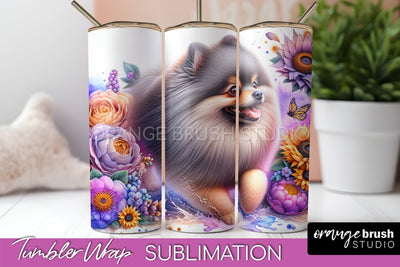 Pomeraniann Tumbler Wrap - Dog Mom Floral Tumbler Sublimation Sublimation OrangeBrushStudio 