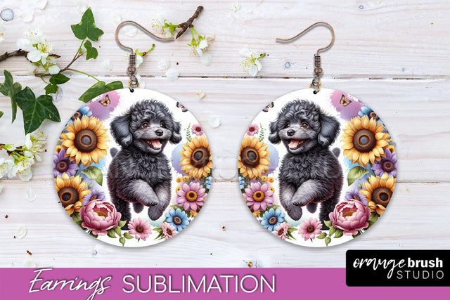 Poodle Earrings - Dog Mom Floral Round Earring Sublimation Sublimation OrangeBrushStudio 