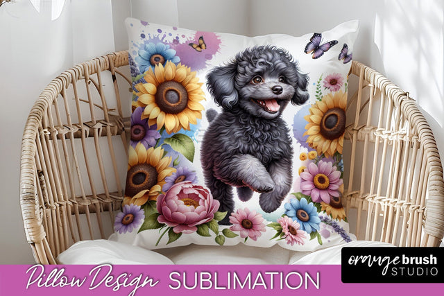 Poodle Pillow Cover - Dog Mom Floral Pillow Sublimation Sublimation OrangeBrushStudio 
