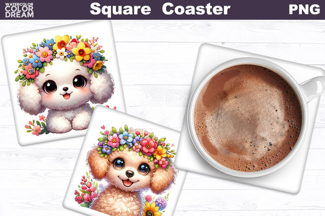 Poodle Square Coaster | Dog Flowers Square Coaster Sublimation WatercolorColorDream 