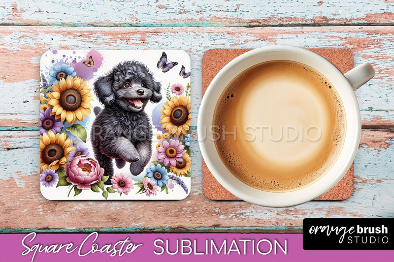 Poodle Square Coaster - Dog Mom Floral Coaster Sublimation Sublimation OrangeBrushStudio 