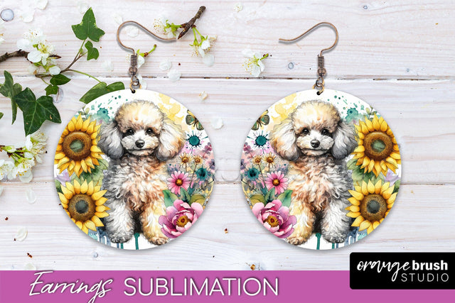 Poodle2 Earrings - Dog Mom Floral Round Earring Sublimation Sublimation OrangeBrushStudio 