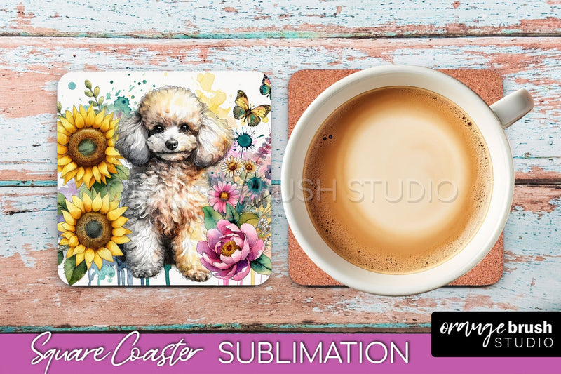 Poodle2 Square Coaster - Dog Mom Floral Coaster Sublimation Sublimation OrangeBrushStudio 