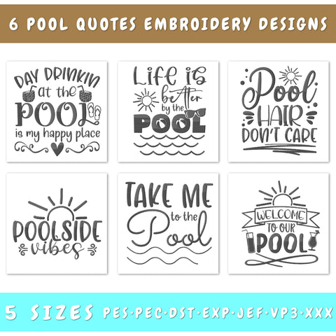Pool Embroidery Designs Bundle - 6 Designs, Pool Quotes Embroidery Patterns, Pool PES Files, Swimming Pool Embroidery Files Embroidery/Applique DESIGNS HappyDesignStudio 