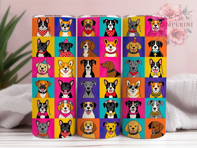 Pop Art Cartoon Dogs 20oz Tumbler, Dog Motif, Pop Art Theme, Cartoon Style, Whimsical Accent, Retro Charm, Sublimation Wrap, 20oz Tumbler Sublimation Li Zamperini 