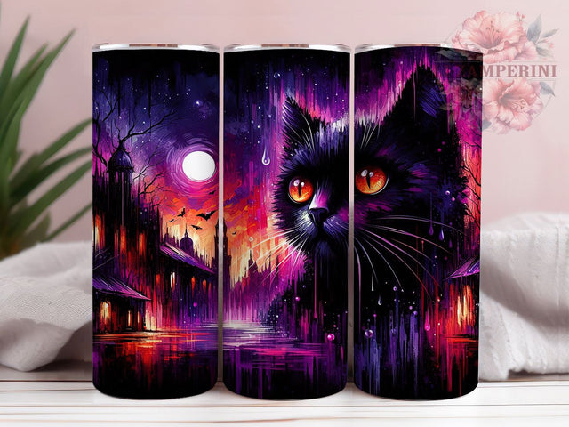 Pop Art Retro Cat Halloween Tumbler, Halloween Aesthetic Cup, 20Oz Sublimation Wrap, Retro Cat Mug, Spooky Pop Art Drinkware, Vintage Halloween Tumbler, Artistic Cat Design Sublimation Li Zamperini 