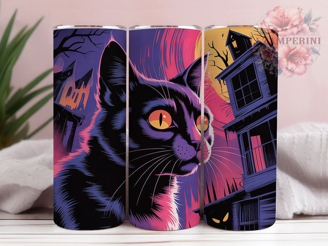 Pop Art Retro Cat Halloween Tumbler, Halloween Aesthetic Cup, 20Oz Sublimation Wrap, Retro Cat Mug, Spooky Pop Art Drinkware, Vintage Halloween Tumbler, Artistic Cat Design Sublimation Li Zamperini 