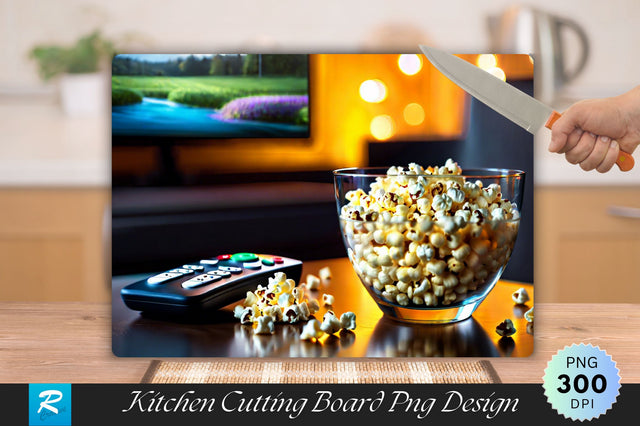 Popcorn in a Glass Bowl and Remote Cutting Board Sublimation Regulrcrative 