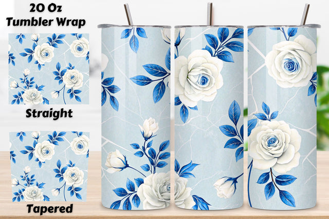 Porcelain Rose Seamless Tumbler Wrap, White Roses with Cobalt Blue Accents, seamless tumbler wrap, porcelain floral design, white rose wrap, cobalt blue details, delicate china pattern, 20oz skinny tumbler Sublimation FloridPrintables 