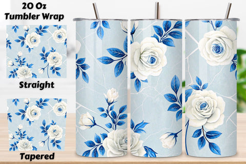 Porcelain Rose Seamless Tumbler Wrap, White Roses with Cobalt Blue Accents, seamless tumbler wrap, porcelain floral design, white rose wrap, cobalt blue details, delicate china pattern, 20oz skinny tumbler Sublimation FloridPrintables 