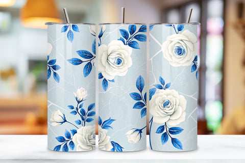 Porcelain Rose Seamless Tumbler Wrap, White Roses with Cobalt Blue Accents, seamless tumbler wrap, porcelain floral design, white rose wrap, cobalt blue details, delicate china pattern, 20oz skinny tumbler Sublimation FloridPrintables 