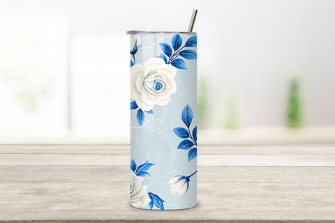 Porcelain Rose Seamless Tumbler Wrap, White Roses with Cobalt Blue Accents, seamless tumbler wrap, porcelain floral design, white rose wrap, cobalt blue details, delicate china pattern, 20oz skinny tumbler Sublimation FloridPrintables 