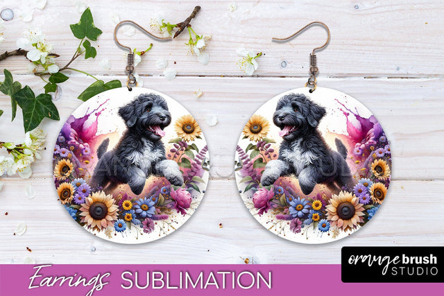 Portuguese Water Dog Earrings - Dog Mom Floral Round Earring Sublimation Sublimation OrangeBrushStudio 