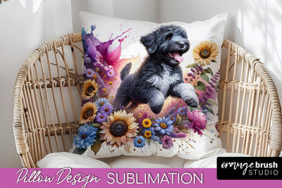 Portuguese Water Dog Pillow Cover - Dog Mom Floral Pillow Sublimation Sublimation OrangeBrushStudio 