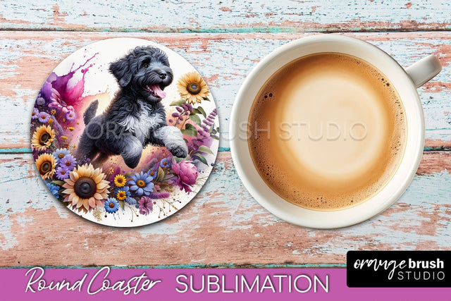 Portuguese Water Dog Round Coaster - Dog Mom Floral Coaster Sublimation Sublimation OrangeBrushStudio 