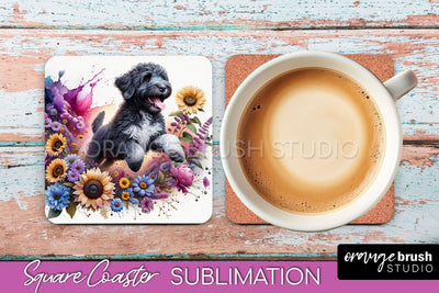 Portuguese Water Dog Square Coaster - Dog Mom Floral Coaster Sublimation Sublimation OrangeBrushStudio 