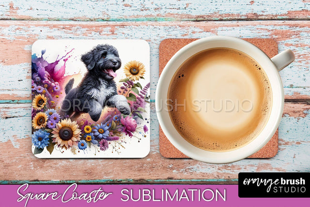 Portuguese Water Dog Square Coaster - Dog Mom Floral Coaster Sublimation Sublimation OrangeBrushStudio 