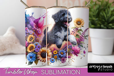 Portuguese Water Dog Tumbler Wrap - Dog Mom Floral Tumbler Sublimation Sublimation OrangeBrushStudio 