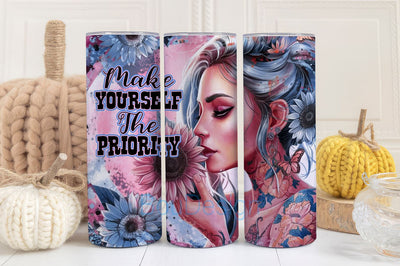 Positive Affirmation, Make Yourself The Priority, 20oz Tumbler Wrap, Pastel Sunflowers, Sublimation, Girl with Tattoos, Positive Designs Sublimation BouDesign 