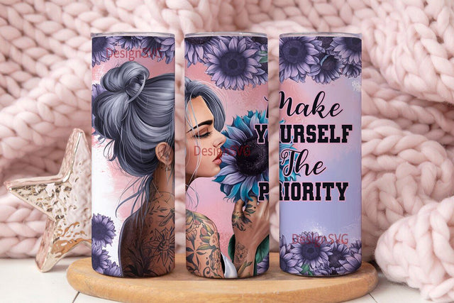 Positive Affirmation, Make Yourself The Priority, 20oz Tumbler Wrap, Pastel Sunflowers, Sublimation, Girl with Tattoos, Positive Designs Sublimation DesignSVG 
