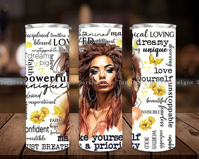 Positive Affirmations 20 oz Skinny Tumbler Black woman Sublimation Design, Digital Download PNG, Inspirational Butterfly Love yourself Tumbler Sublimation ToriDesigns 