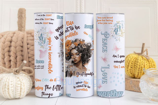 Positive Affirmations 20 oz Skinny Tumbler Sublimation Design Digital Download PNG Instant, Inspirational Scrapbook Tumbler Sublimation BouDesign 