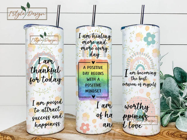 Positive Affirmations 20 oz Skinny Tumbler Wrap Inspirational Quotes Tumbler Wrap Sublimation Design Instant PNG Sublimation iStyleDesign 