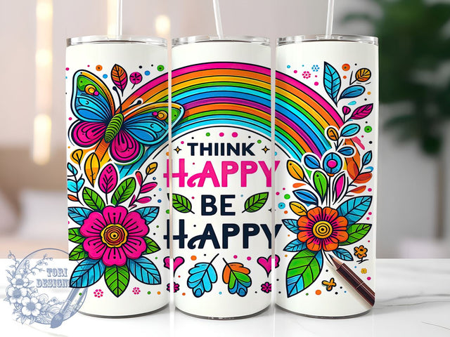 Positive Affirmations 20oz Skinny Tumbler, Think Happy Be Happy Tumbler Png, Straight & Tapered Tumbler Wrap, Instant Digital Download Sublimation ToriDesigns 