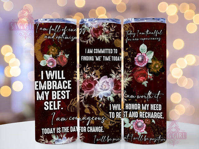 Positive Affirmations 20oz Tumbler Wrap Sublimation Design, Straight Tapered Tumbler Wrap, Floral Tumbler Png, Instant Digital Download Sublimation SvggirlplusArt 
